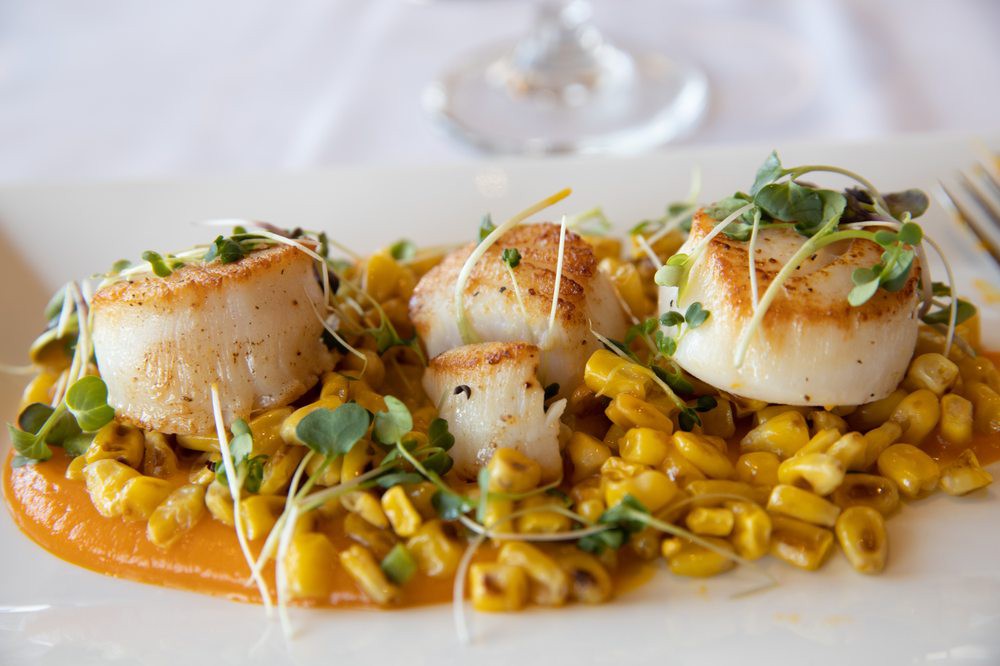 A gourmet dish featuring seared scallops served on a bed of corn and garnished with microgreens.