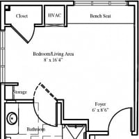 Studio apartment floor plan with living area and bathroom.