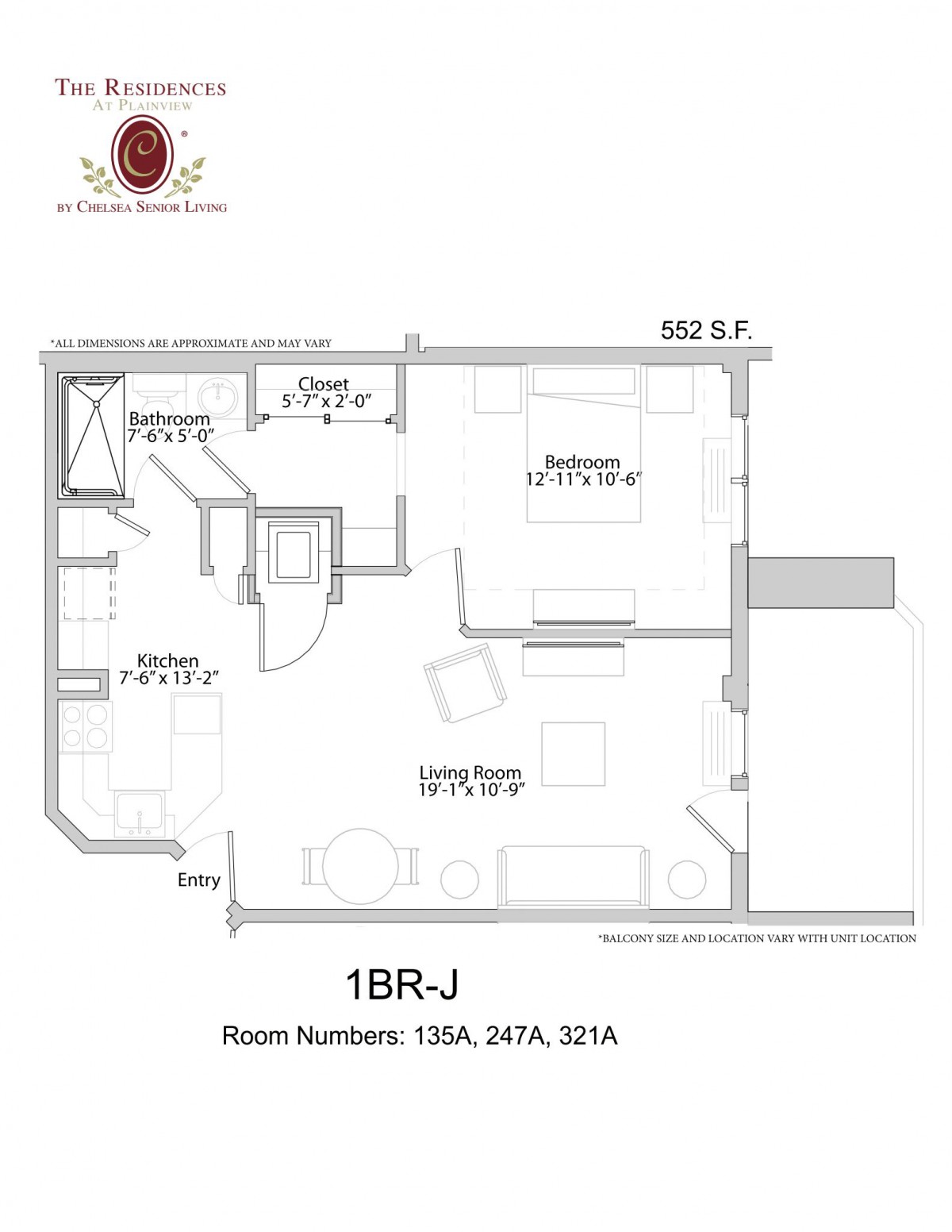 Floor plan of a one-bedroom apartment labeled as '1BR-J'.
