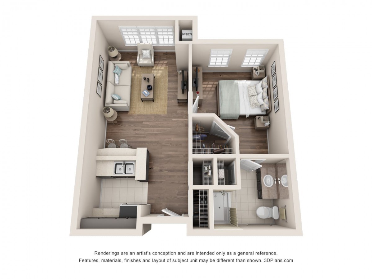 A 3D floor plan of a one-bedroom apartment featuring a living room, kitchen, bedroom, and bathroom.