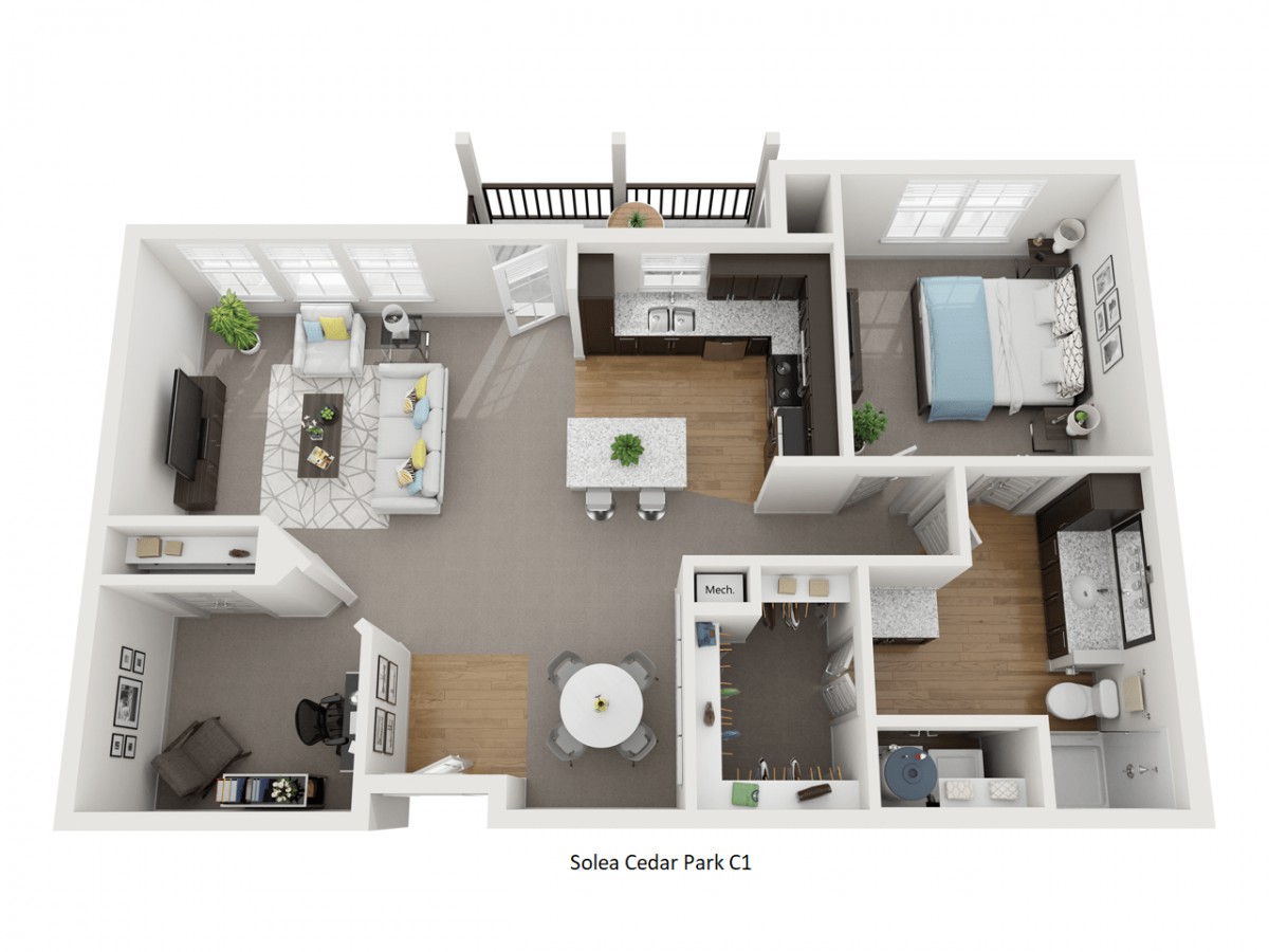 A 3D floor plan layout of a one-bedroom apartment with kitchen, living room, and bathroom.