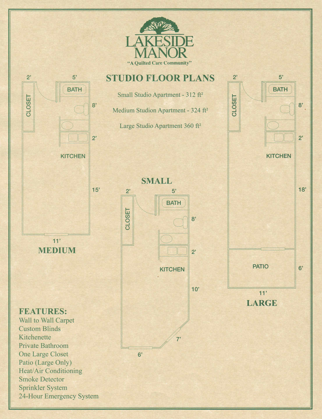 Floor plan designs for small, medium, and large studio spaces.