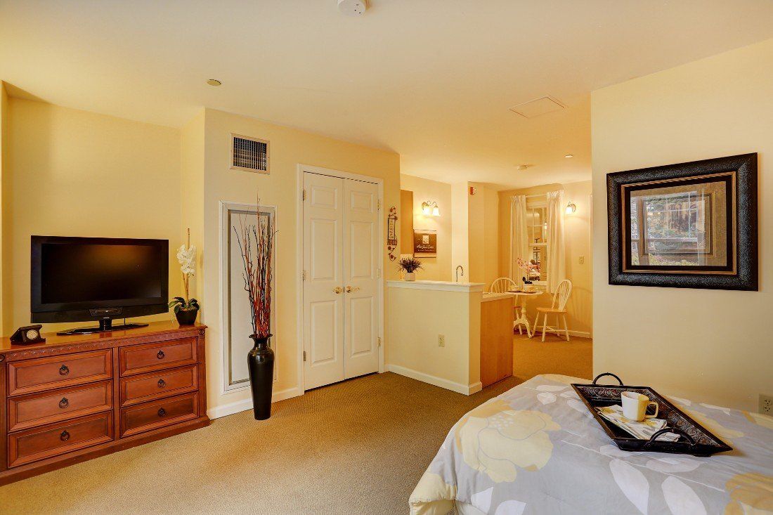 A cozy bedroom interior featuring a television, dresser, and elegant decor.