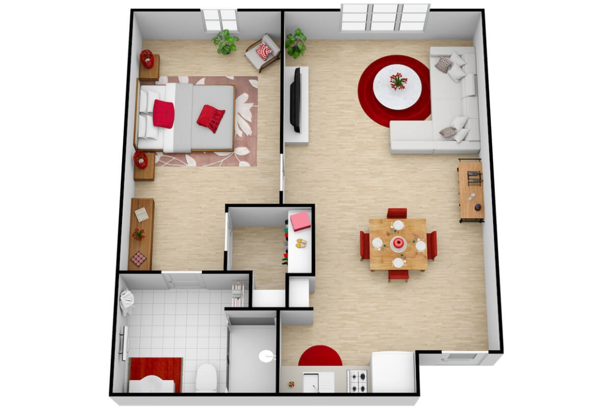 A 3D floor plan of a one-bedroom apartment featuring a living room, dining area, kitchen, bathroom, and bedroom.