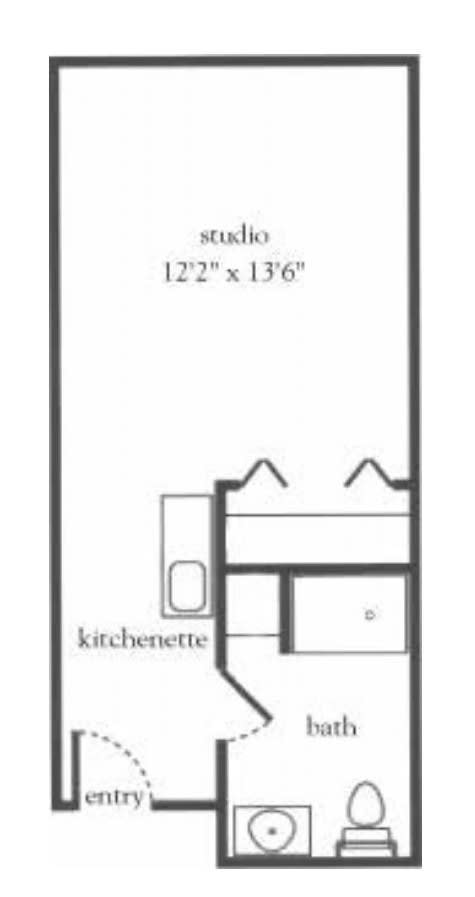 A simple floor plan of a studio apartment featuring a kitchenette.