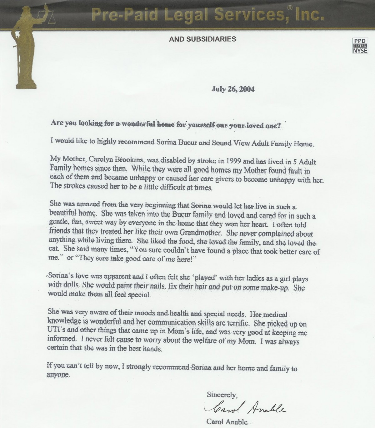 A formal letter of recommendation typed on official letterhead.
