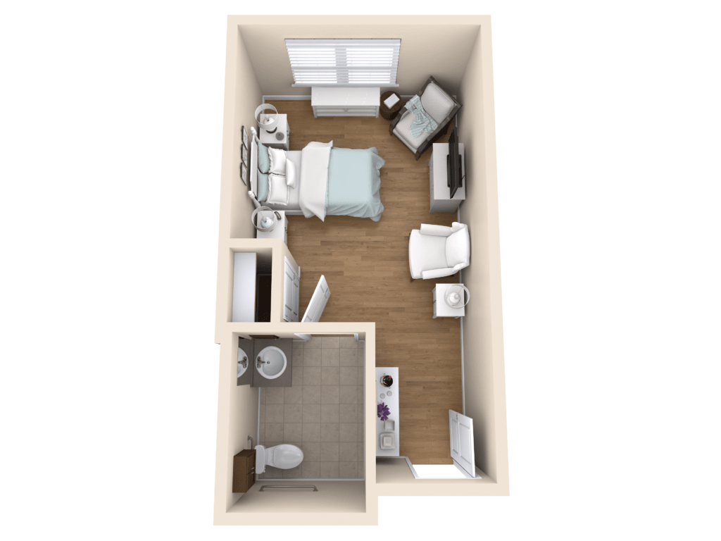 A 3D floor plan of a small apartment featuring a bedroom, living area, and bathroom.