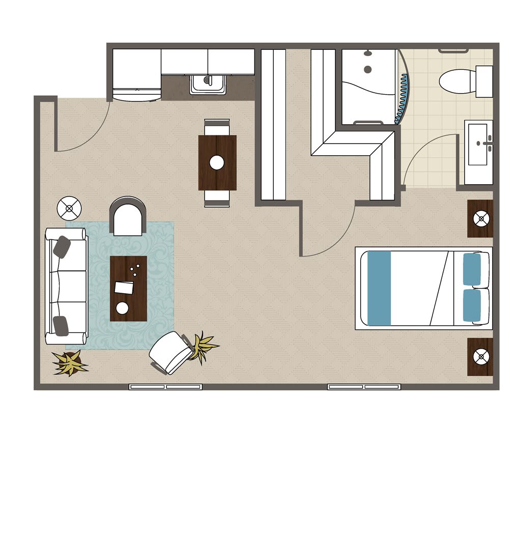 A one-bedroom apartment floor plan featuring a living room, kitchen, and bathroom.