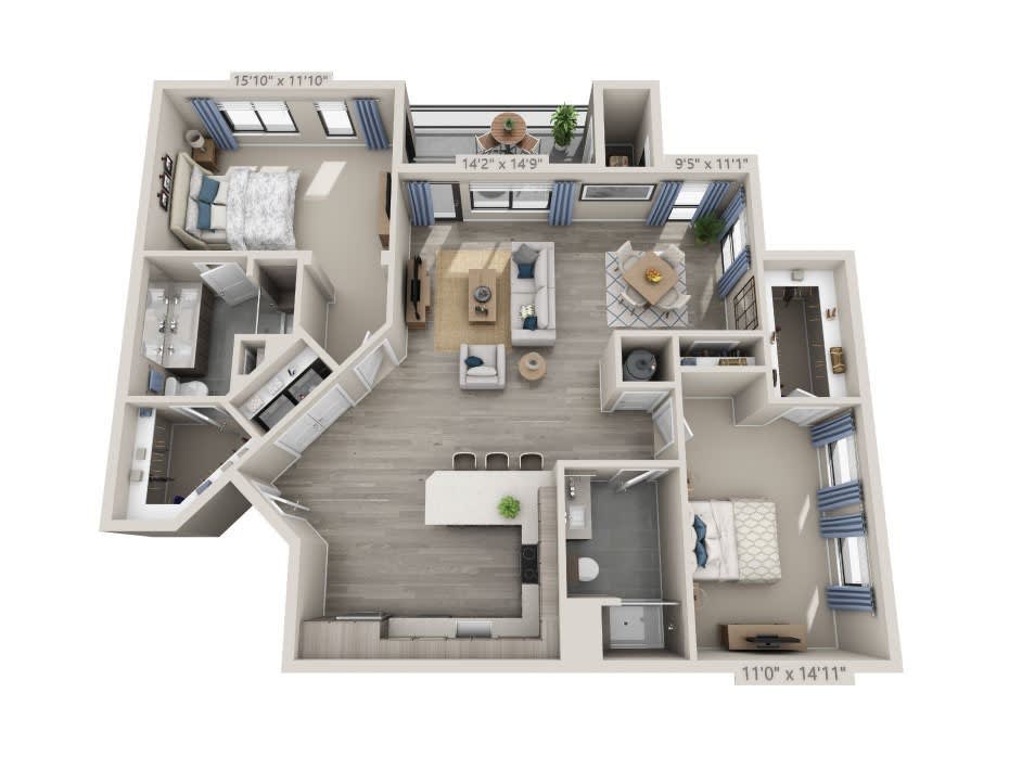 A 3D floor plan of an apartment showcasing room layout and interior design.