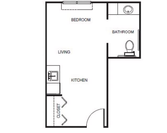 A simple floor plan of a studio apartment with designated areas for kitchen, living, bedroom, and bathroom.