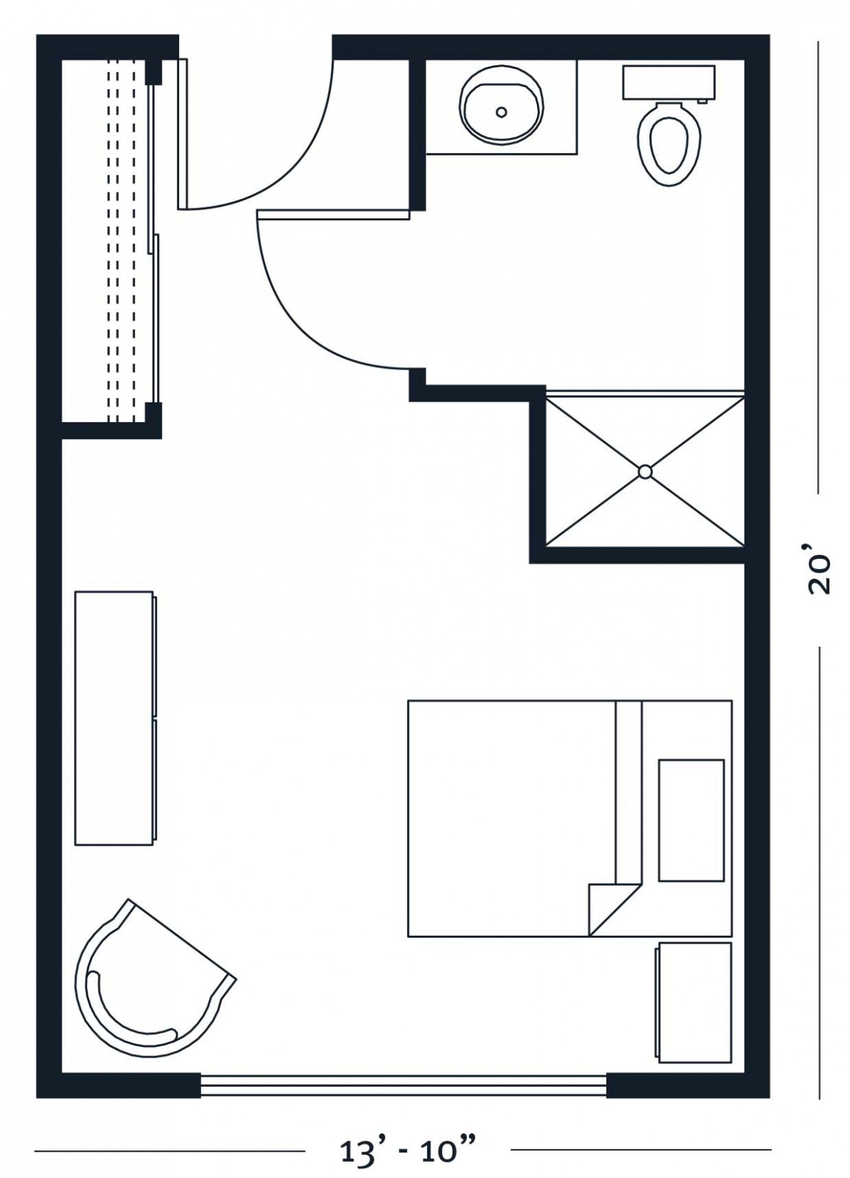 A compact floor plan featuring a bedroom with a bed, desk, and a small bathroom.