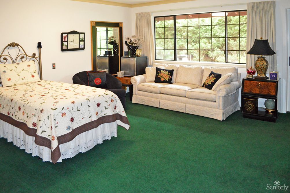 A cozy bedroom with a bed, sofa, and green carpet.