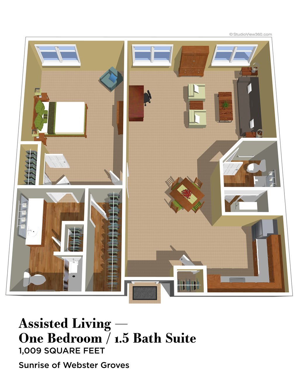 Floor plan of an assisted living one-bedroom, 1.5 bath suite.