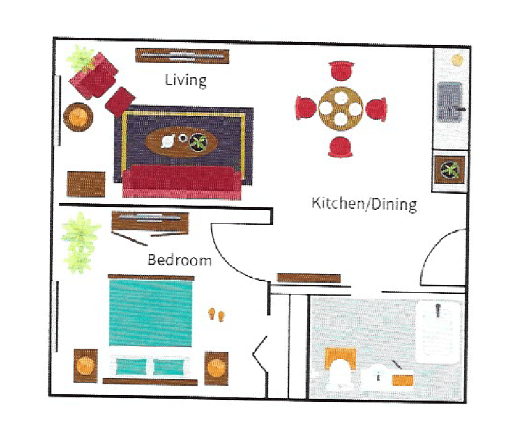This is a floor plan of an apartment showing the layout of the living room, kitchen/dining area, and bedroom.