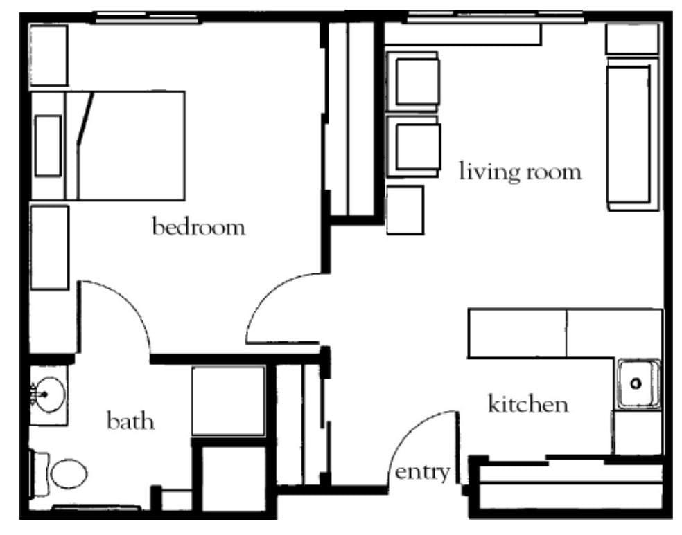 An architectural floor plan of an apartment featuring a bedroom, living room, kitchen, and bathroom.