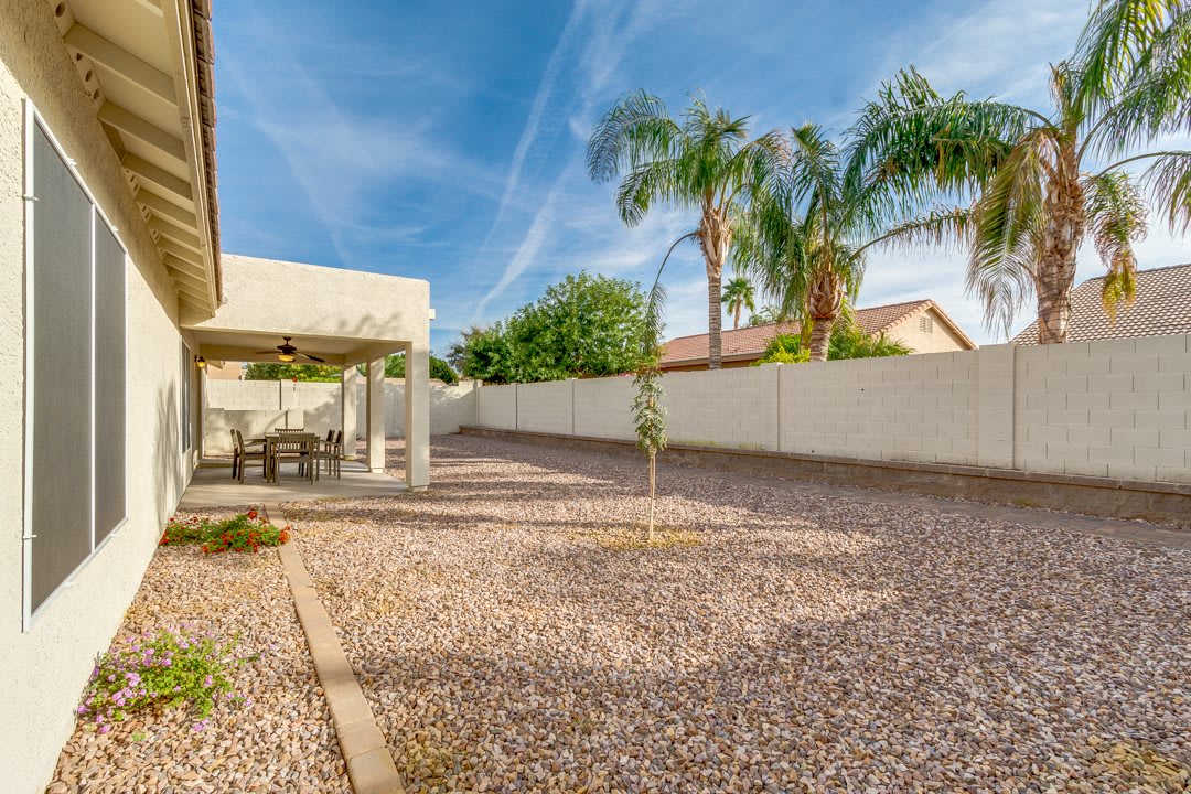 A spacious backyard with a gravel surface and palm trees, featuring a covered patio and white fence.