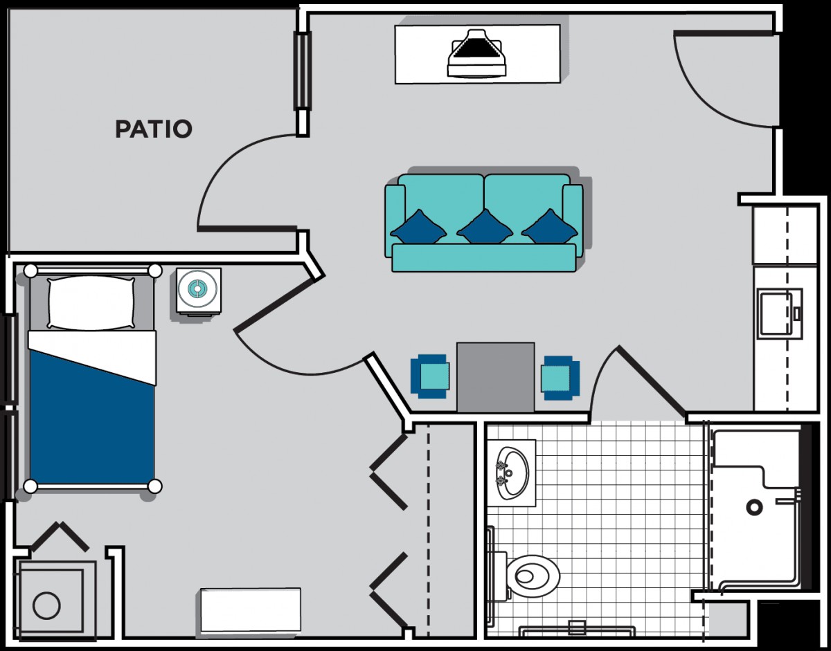 A one-bedroom apartment floor plan with a living room, bathroom, and patio.