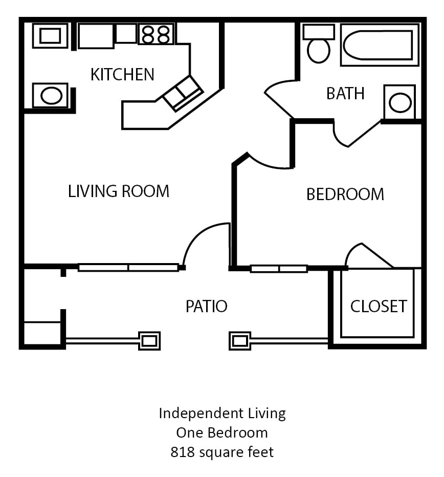 A floor plan of an independent living one-bedroom apartment, featuring a kitchen, living room, bathroom, closet, and patio.