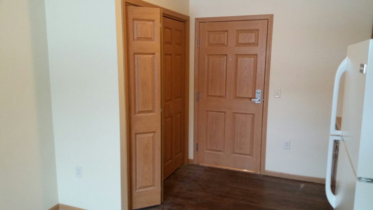 An interior view of a room showcasing a wooden door and a closet with a wooden floor.