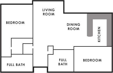 A floor plan of an apartment showing various rooms, including a living room, dining room, bedrooms, and bathrooms.