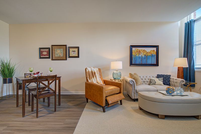 A cozy, modern living room featuring an armchair, sofa, and dining table with art on the walls.