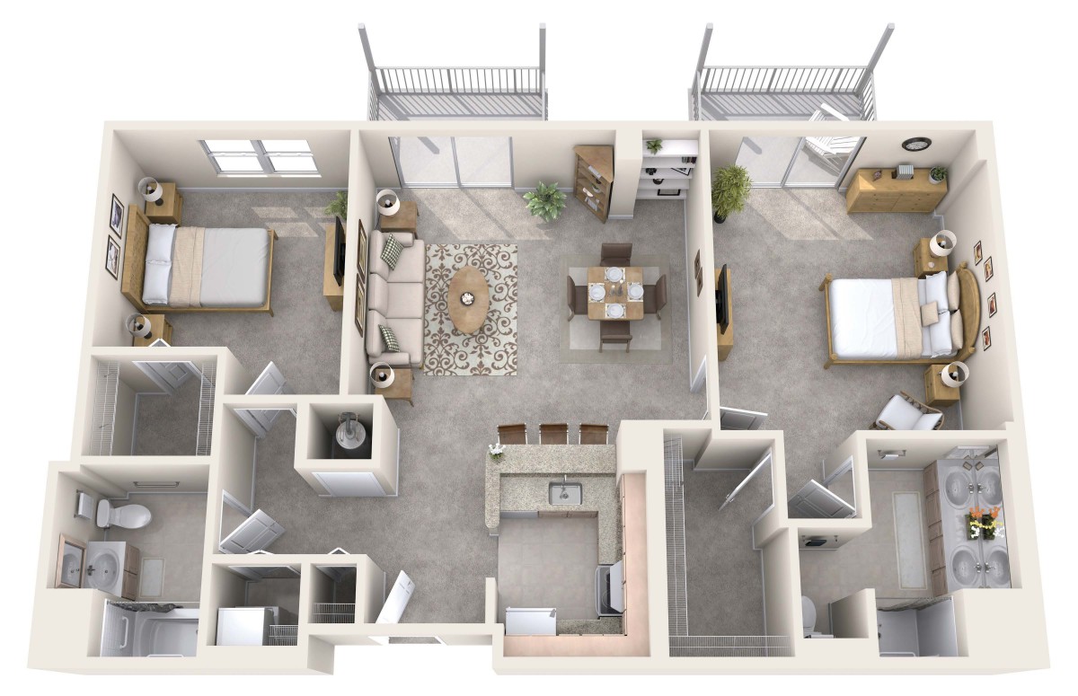 3D floor plan of a two-bedroom apartment with a living room, kitchen, and bathroom.