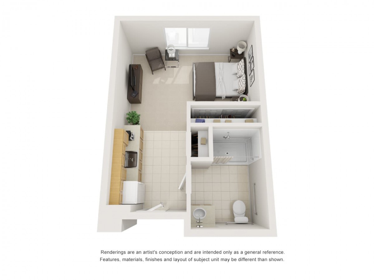 3D rendering of a compact studio apartment layout with essential furniture and amenities.