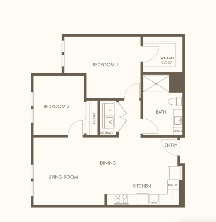 A floor plan of an apartment showing the layout of rooms and facilities.
