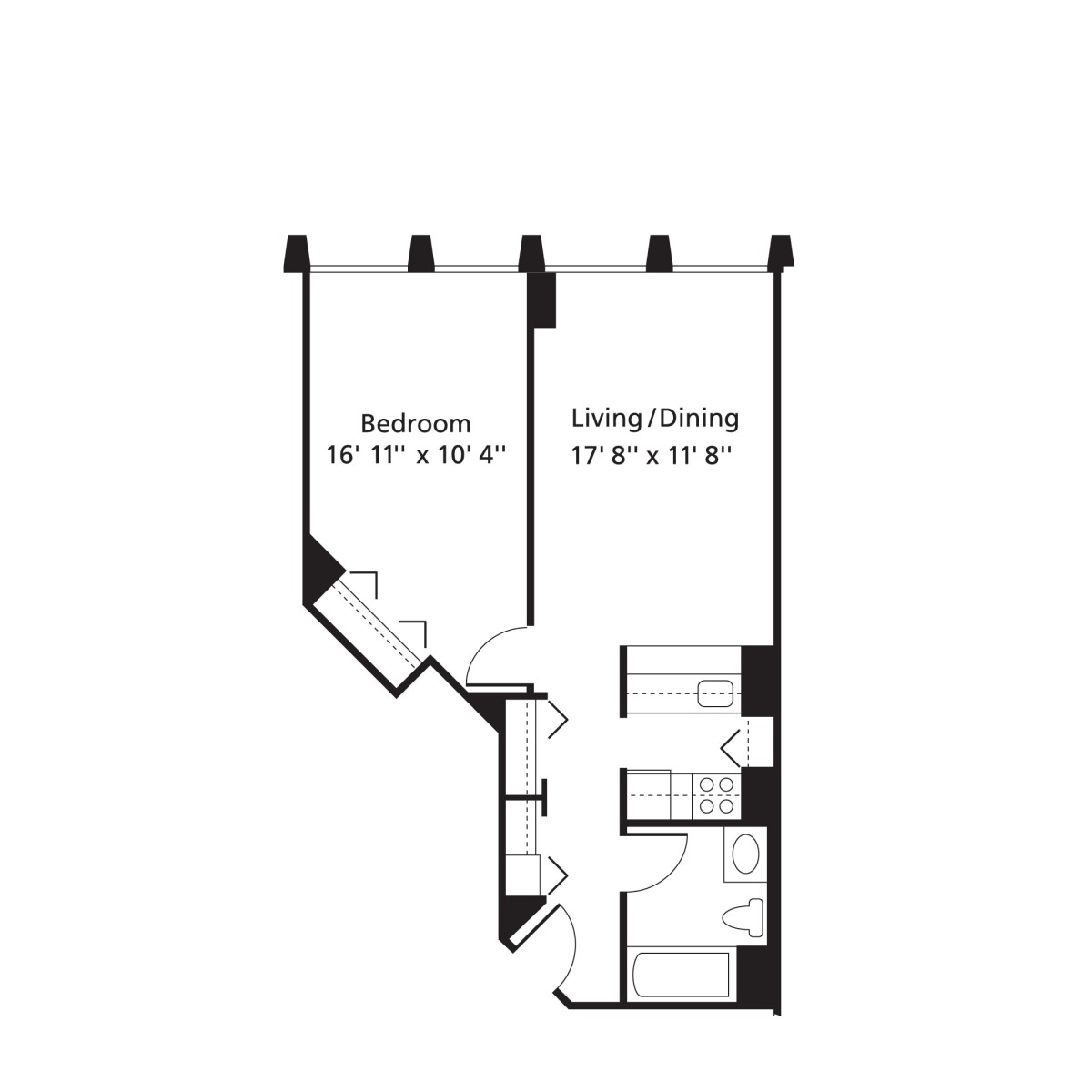 A schematic floor plan showing a one-bedroom apartment layout with dimensions.