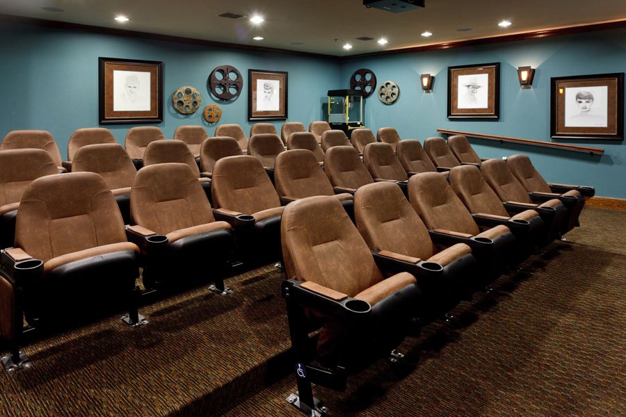 A cozy home theater with multiple rows of plush seating, adorned with movie-themed decor and film reels on the walls.