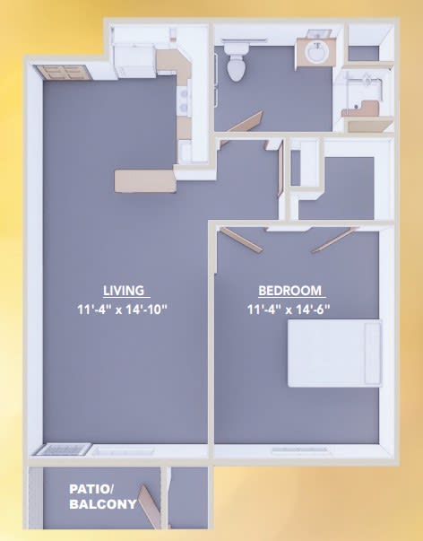 A floor plan showing the layout of an apartment with designated living and bedroom areas, including dimensions.