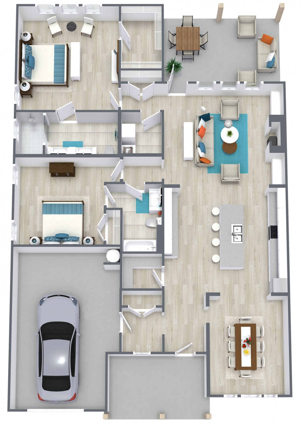 A 3D rendered floor plan showcasing a modern house layout with detailed furniture arrangement.