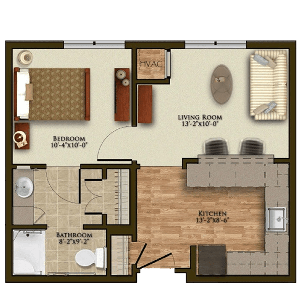 A floor plan of a one-bedroom apartment featuring a kitchen, living area, bathroom, and bedroom.