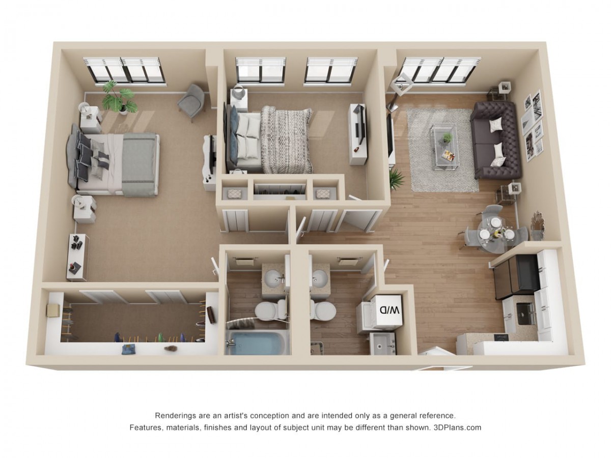 A 3D floor plan of a modern apartment featuring two bedrooms, a living room, kitchen, and bathrooms.