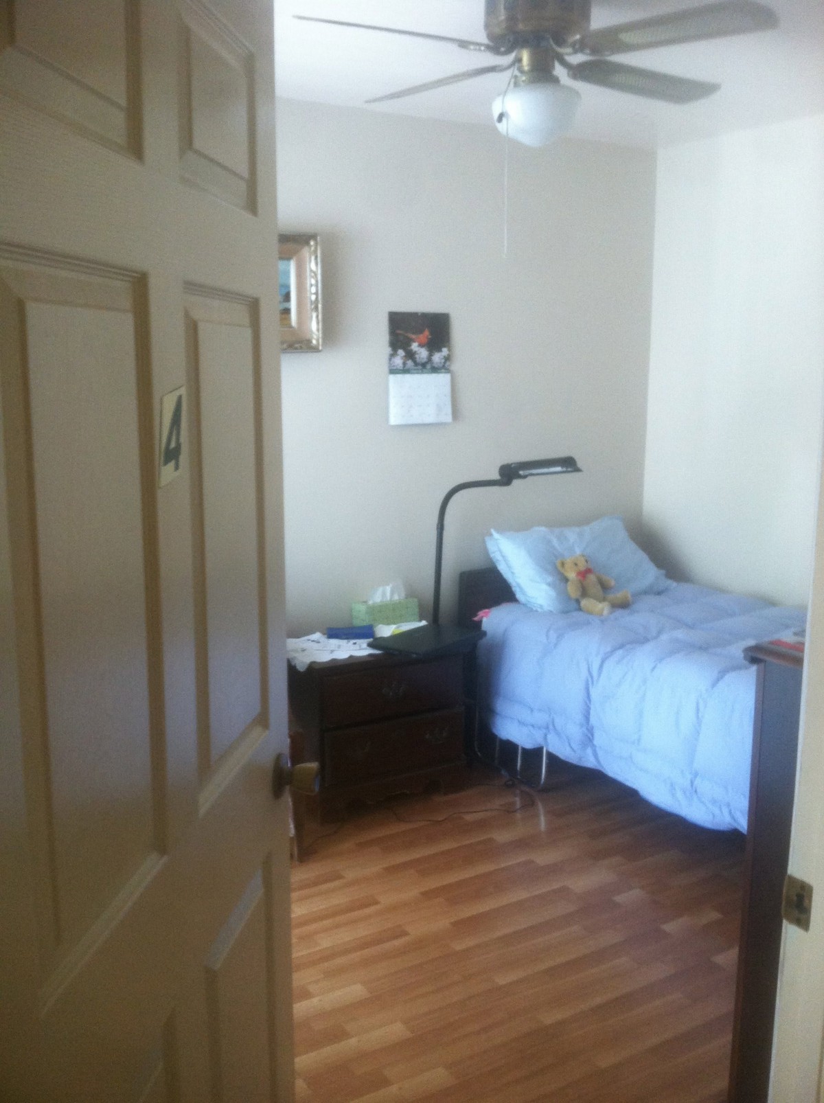 A cozy bedroom with a single bed, bedside table, and lamp.