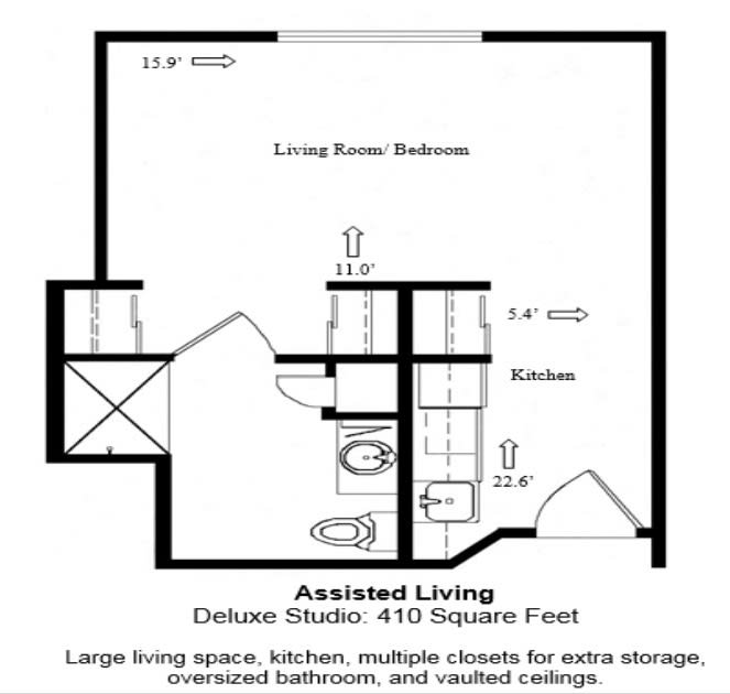 Floor plan of a 410 square foot deluxe studio for assisted living.
