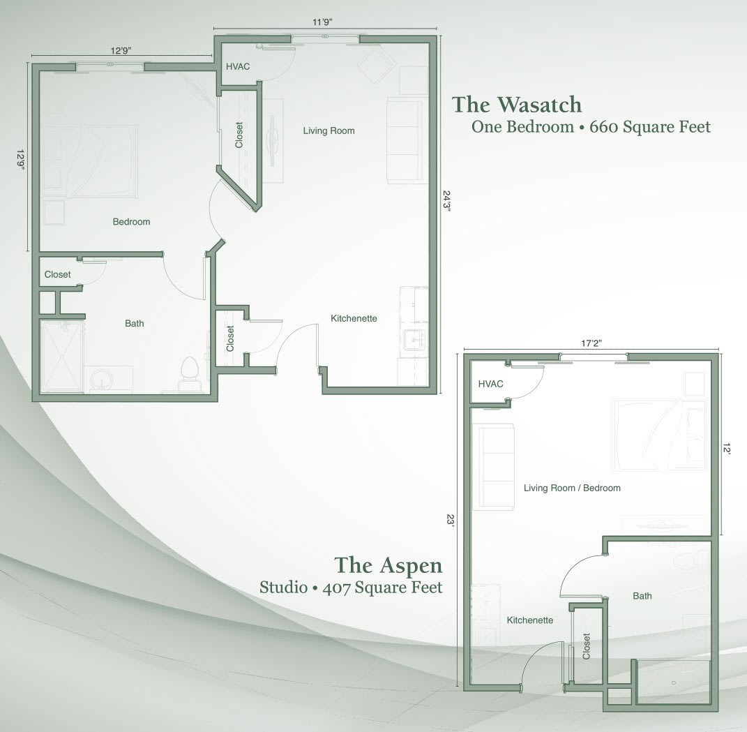 Floor plans for two types of apartments: a one-bedroom and a studio layout.
