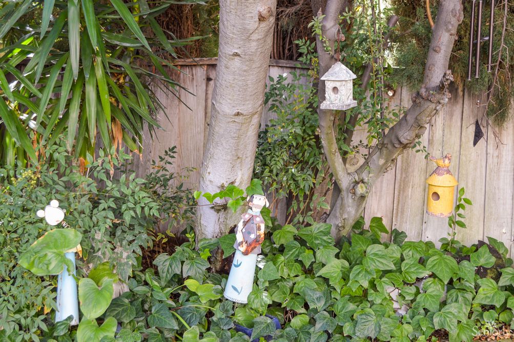 A tranquil garden scene with a birdhouse hanging from a tree surrounded by lush greenery.