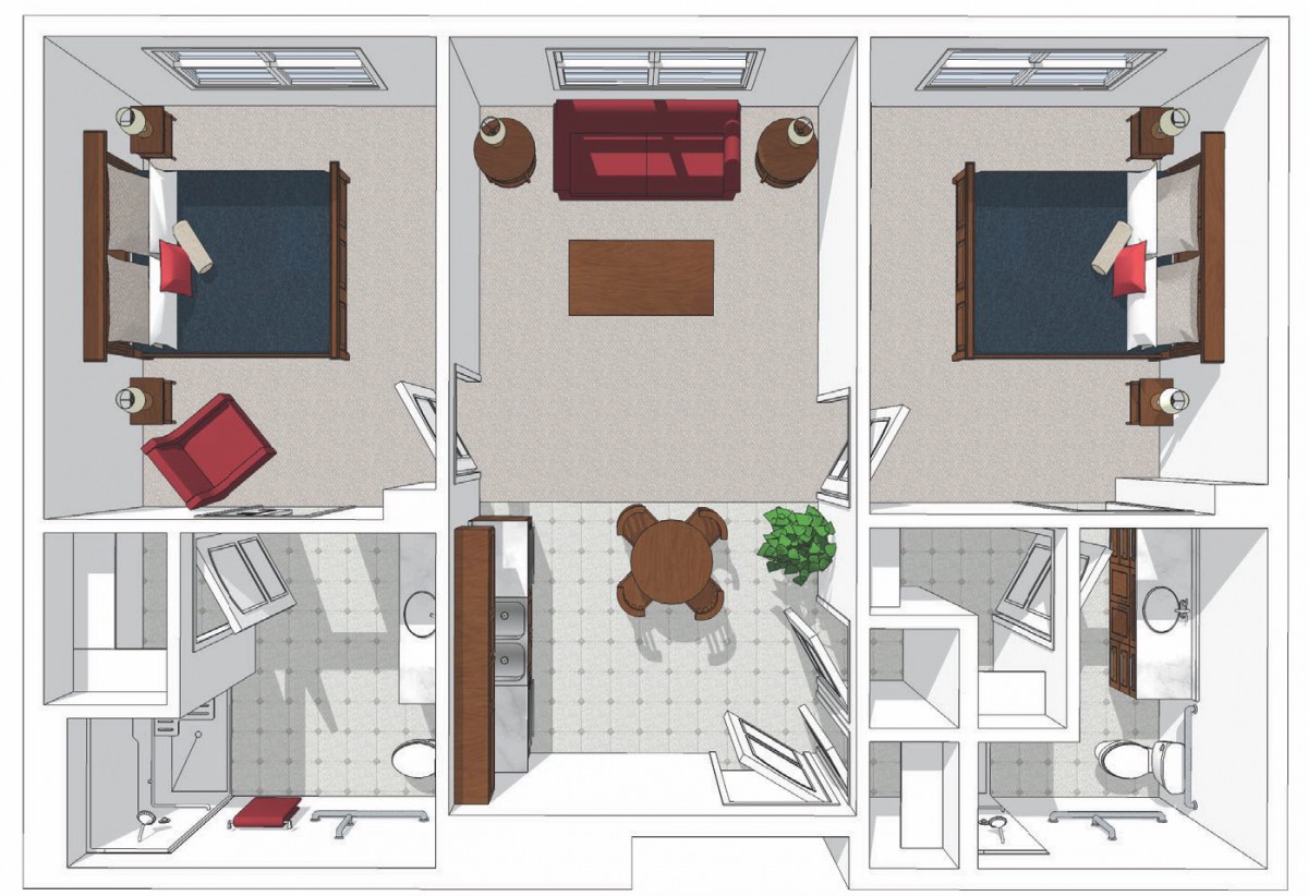 A detailed floor plan of an apartment showing the layout of multiple rooms and furniture.