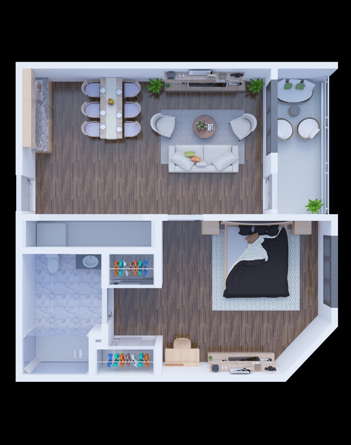 A modern apartment floor plan showing a living room, dining area, and bedroom.