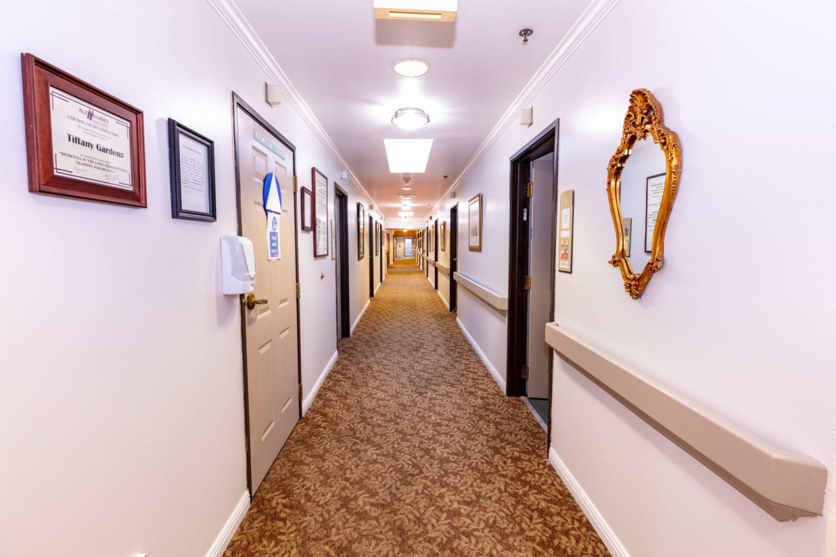 A well-lit hallway with carpeted flooring and multiple doors on either side.