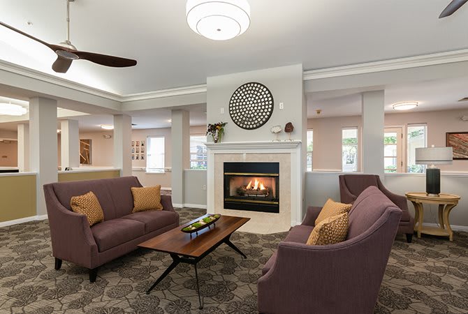 A modern living room with a cozy fireplace and stylish seating area.