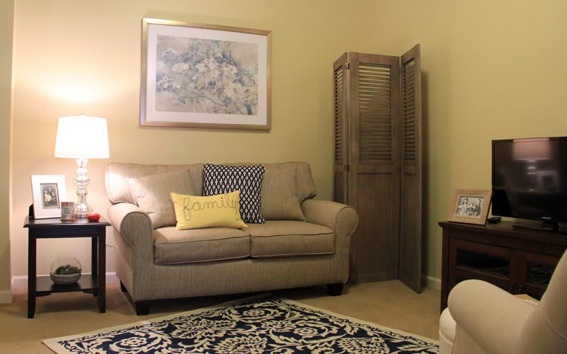 A cozy living room with a comfortable sofa, decorative pillows, and a patterned rug.