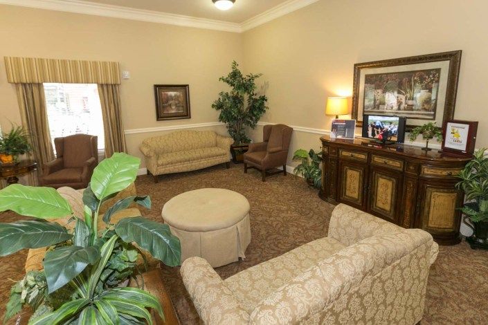 A cozy living room with sofas, an armchair, and a coffee table surrounded by decorative plants.