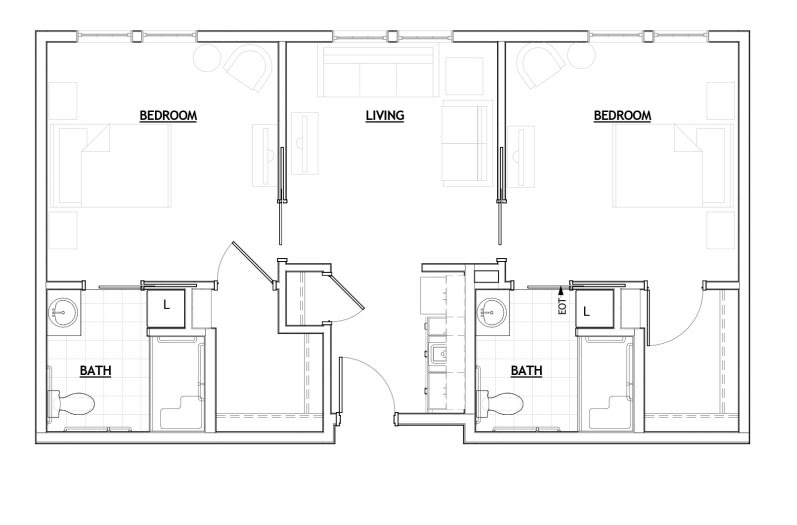 A two-bedroom apartment floor plan with a living room and bathroom.