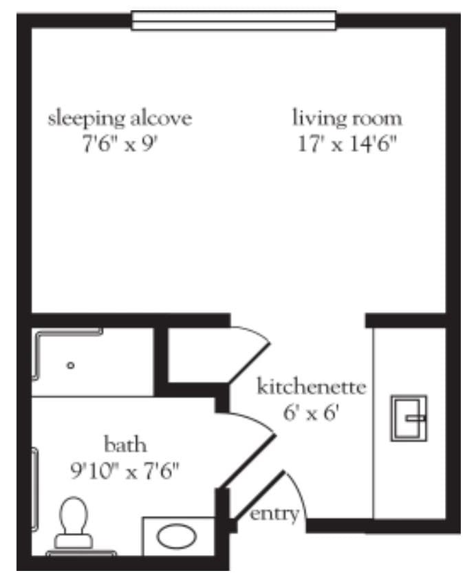 A detailed floor plan of a studio apartment, showcasing the layout with a living room, sleeping alcove, kitchenette, bath, and entryway.