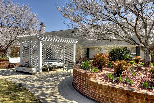 A tranquil garden with a pergola and outdoor seating, surrounded by flowering trees and neatly arranged plants in a brick planter.