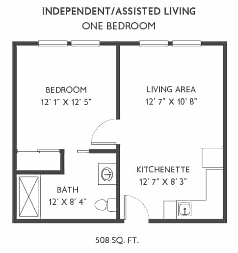 Floor plan of a one-bedroom independent/assisted living apartment, totaling 508 sq. ft.