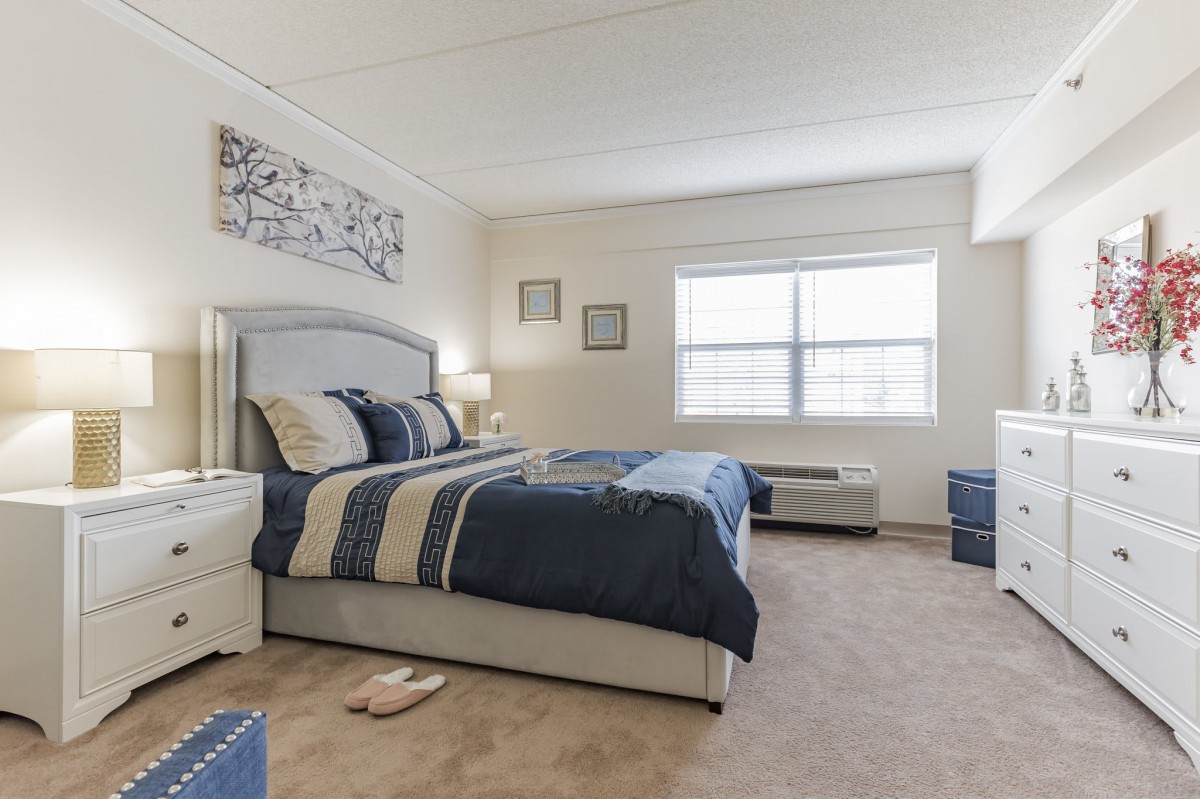 A well-furnished bedroom with a large bed, carpeted floor, and natural light from the window.