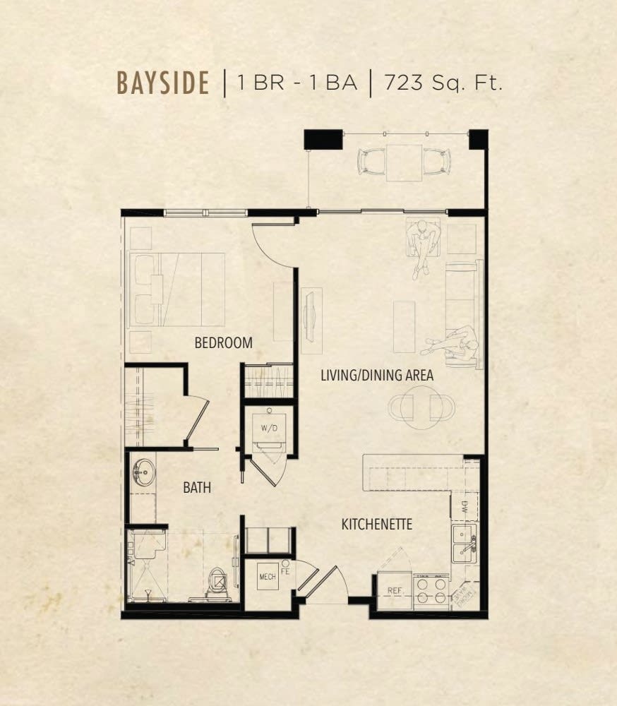A floor plan of a one-bedroom apartment measuring 725 square feet, featuring a kitchen, living/dining area, bedroom, and bathroom.